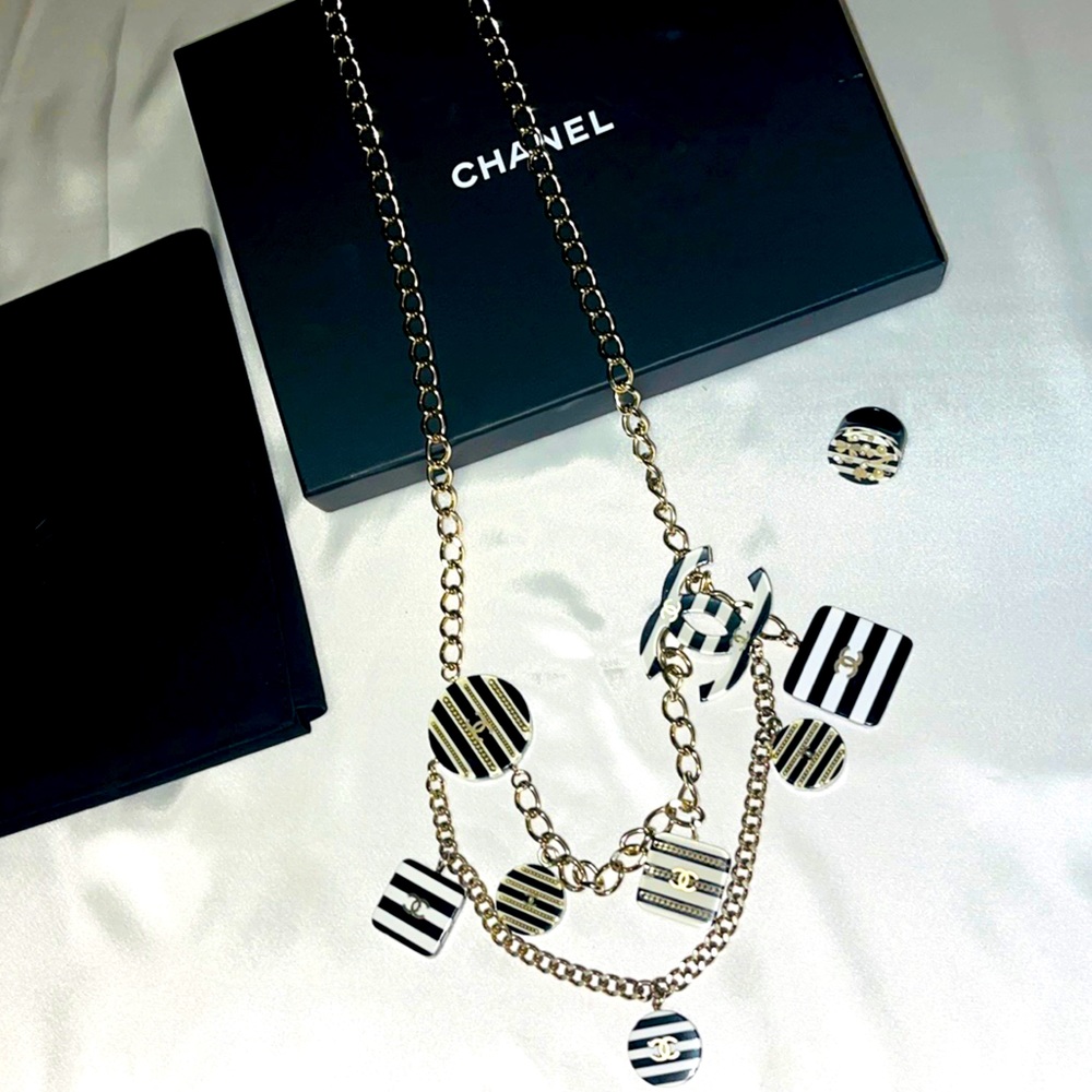 CHANEL Madmoiselle Striped Charms Chain Necklace and Ring